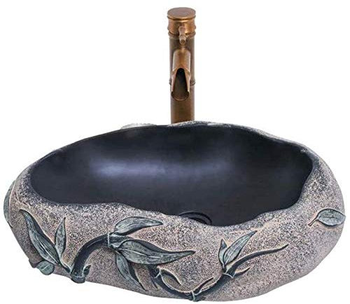 PLJKIHED Badezimmer-Waschbecken, Waschbecken, Waschbecken, kreatives Lmitation-Stein, ovales Waschbecken, Waschschüssel, Heim-WC, Badezimmer, Aufsatzwaschbecken und Wasserhahn-Set Stabilize