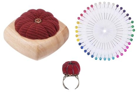 QUARKZMAN Holz Basis Nadelkissen mit Verstellbarem Finger Ring Filz Nadel Kissen und 40Stk Nähen Nadeln für Nähen Quilten Handarbeiten Basteln Kunsthandwerk Wein