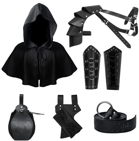 LLTTEER Mittelalter Ritter Zubehör Set Renaissance Leder Gürtel für Herren | Umhang Schal mit Kapuze,GüRtel,RetroLeder Schulterpanzer, Gürtelbeutel Schwertholster, ,Retro Ritter Zubehör Set für Cosplay