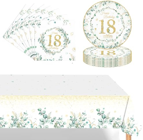 POPOYU 37Pcs Sage Green 18th Birthday Tableware Set,18th Birthday Plates and Napkins,18thBirthday Table Cloth,Eucalyptus Reusable Table Decorations for Men,Women,Him,Her BirthdayGifts Party Supplies