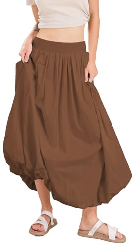chouyatou Women's Summer Y2k Bubble Maxi Long Skirt Puffy Ruffle High Waist A-Line Smocked Skirt (Small, Brown)