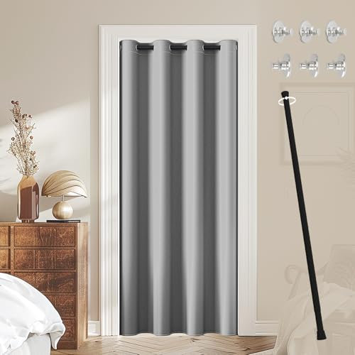 JCyh Cortinas para Puertas Exteriores con Barra Extensible y Botón Magnético, Cortina Opacas Termica Aislante Frio y Calor con Ojales，Cortina Separador de Ambientes para Salón y Dormitorio