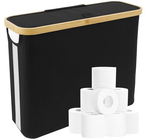Toilet Roll Storage Toilet Roll Holder Storage Stand 45 x 15 x 35cm Large Capacity Toilet Paper Basket with Lid and Side Window Multifunctional Toilet Roll Storage Box for Bathroom (Black)