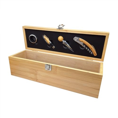 GREEN NOVICE ® Bambus Weinbox mit Wein-Zubehörset – Exklusives Geschenkset mit Flaschenöffner, Tropfring, Flaschenverschluss, Ausgießer - Set Geeignet Für 0,7l Flasche