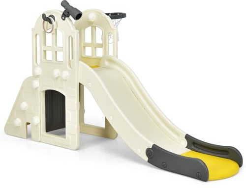 HOMASIS Parque Infantil con tobogán, Canasta Baloncesto, riel de protección Alto y Pedal Desmontable, Juego de toboganes de Interior y Exterior para niños de 3+ años, 189,5x83x98cm (Amarillo)