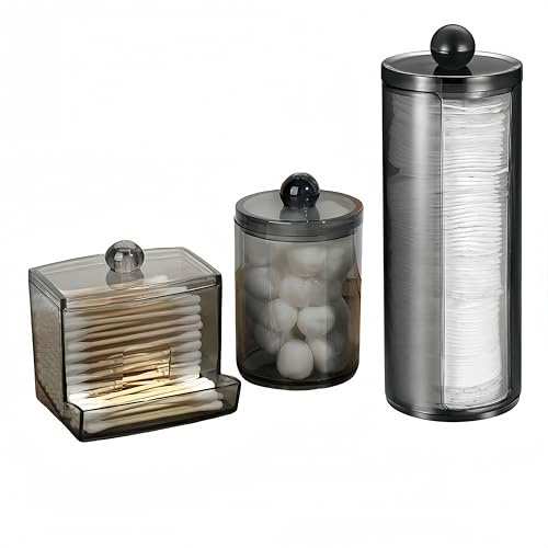 MIEGUIWOR 3 Caja Organizadora Transparente con Tapa,Caja Bastoncillos Oídos y Dispensador Algodones Desmaquillantes Hecha de PET Ecológico-Ideal para Algodón Cosmético,Hisopos de Algodón (Negro,D2)