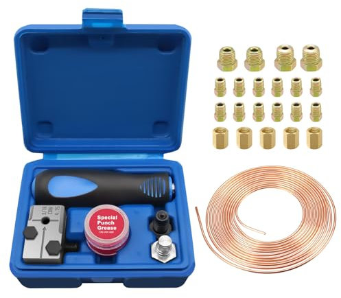 Outils D'évasement de Tuyaux de Freins, Ø4,75 mm Kit Réparation Tuyau de Frein, 7,62m Ø4,75mm Conduite de Frein avec 16 Connecteurs +5 Raccords, pour Conduites de Frein ou Hydrauliques(Simple Flambée)