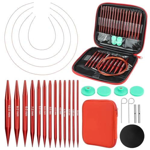 QWORK® 3.0–10.0 mm Auswechselbare Rundstricknadeln Set, 40 cm/60 cm/80 cm/100 cm Aluminium Stricknadel mit Aufbewahrungstasche