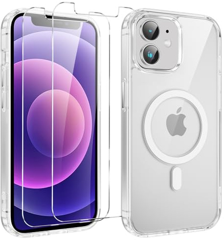 Yoedge Magnétique Coque pour Apple iPhone 12 Mini 5.4 avec 2 Pièces Protection Écran en Verre Trempé, Compatible avec MagSafe,Transparent Antichoc Silicone TPU Etui Bumper Housse pour iPhone 12 Mini
