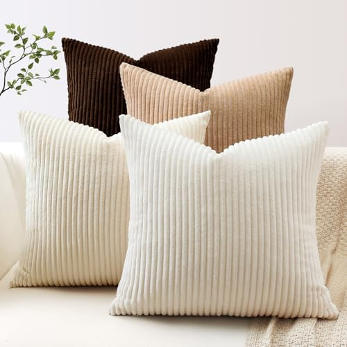 JOTOM Lot de 4 Housse de Coussin en Velours Côtelé Décoratif Canapé Taie d'oreiller Doux Decoration pour Maison Salon Chambre Canapé Décoration 45x45cm (Marron Crème)