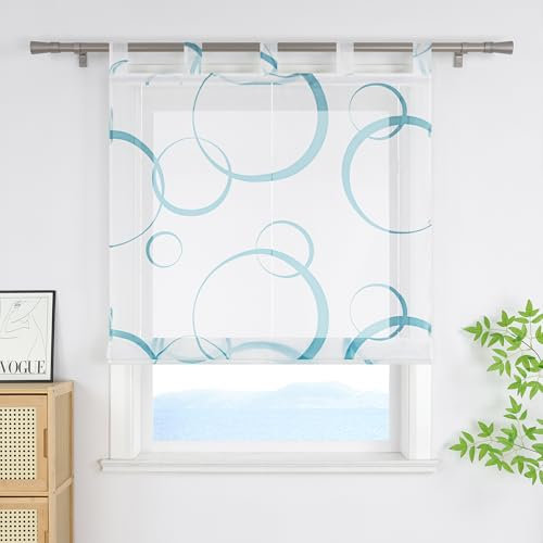 ESLIR Raffrollo mit Schlaufen Modern mit buntes Blasenmuster Raffgardinen Transparent Bändchenrollo für Fenster Voile Schlaufenrollo Wohnzimmer Blau BxH 100x150 cm 1 Stück