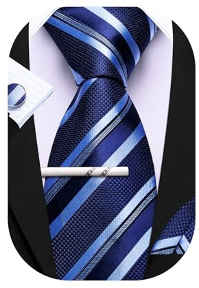 Barry.Wang Herren Seiden-Geschäftskrawatten mit Taschentuch Manschettenknopf-Streifen Plaid-Krawatten-Set Feierliche Hochzeit