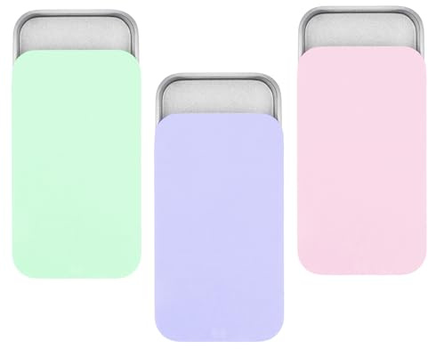 JIYIN 3 PCS Metal Tin Box Containers, Mini Rectangular Slide Top Tin Box Containers 2.36 by 1.33 by 0.4 Inch Empty Hinged Container for Candies Jewelry Crafts Pills Survival Kit(Pink Green Purple)