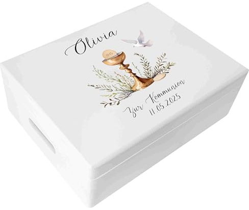 Creative DECO Blanca Caja Regalo Personalizada Primera Comunión de Memoria | Caja de Madera para Niños / Niñas | Personalizado - Cáliz | Impreso | Personalizadas para Niño y Niña | Personalizados