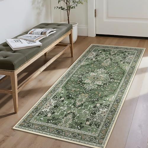 GENIMO Runner Rug 80x150cm – Dark Green Non-Slip Carpet Runner for Hallway, Kitchen or Bedroom – Machine Washable, Fade-Resistant, Bohemian Design