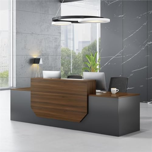 Große Empfangstheke Rezeption – Industrieller Bürotisch für große Räume – Holztisch mit Metallfüßen und integrierter Ablagefläche(Brown,94.48/240cm)