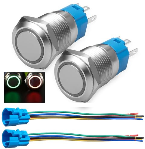 Gebildet 16mm Rastdrucktaster mit Kabelbuchse, 3A/12-24VDC, 1 Schließer, 1 Öffner, SPDT, EIN/Aus, Metall, Wasserdicht, IP65, Selbstrückstellend (Rote und Grüne LED)