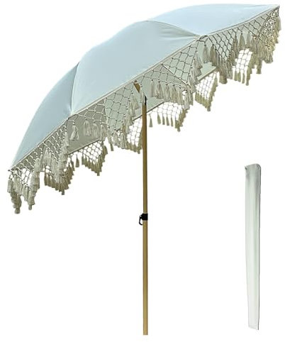 Parasol de plage réglable de 200 cm avec franges, protection solaire UPF50+, pare-soleil d'extérieur avec 8 baleines, parfait pour le jardin, la terrasse et le camping.