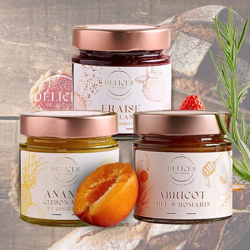 Ô Délices de Lucas – Lot Signature (3 × 230 g) – Confiture Fraise Pétillante au Champagne, Ananas & Gingembre Romarin, Abricot Miel & Romarin – Artisanale & Fabriquée en France