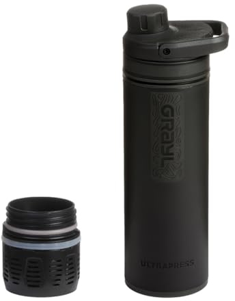 GRAYL Ultra Press Premium utomhus vattenfilter MEGA BUNDLE med ersättningsfilter 300 l dricksvatten tar bort 99,99 % bakterier och virus för camping, överlevnad och resor – täcker svarsvart