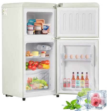 Mini refrigerador con congelador de estilo retro para oficina o dormitorio. Cuenta con puertas dobles, estantes de vidrio extraíbles, descongelación manual,60 L.,White