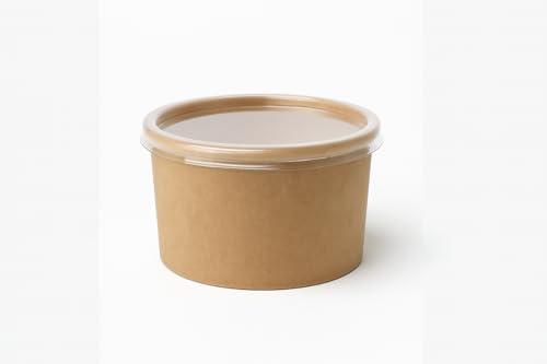 Pots Alimentaires Kraft avec Couvercle Transparent – Jetables pour Soupe, Glace, Plats à Emporter – 3 Tailles – Lot de 50, 100, 500 – Couvercle PP – Diamètre 117 mm (100, 360 ml – 12 oz – Ø117 mm)