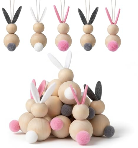 PIujsym Osterdeko zum Aufhängen Set 20 teilig, Süße Osterhase Deko aus Holzperlen, Ostern Deko Anhänger für Zweige und Geschenke, DIY Kreatives Bastelzubehör Frühling