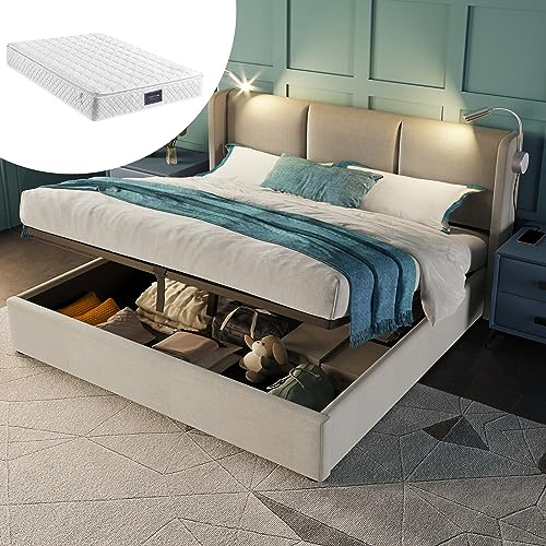kozamas Letto imbottito 160 x 200 cm, letto matrimoniale completo con materasso e rete ergonomica a doghe, struttura del letto in stile scandinavo, con ampio spazio di archiviazione, in lino naturale