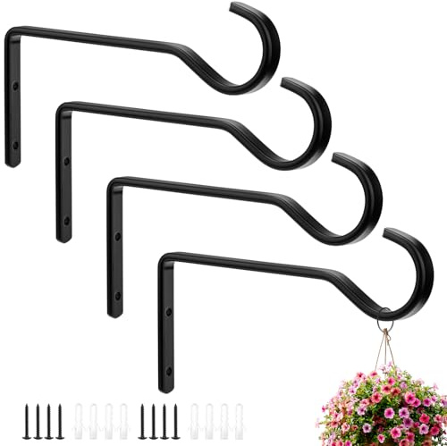 4 Pack 6 in/15.2 cm Hanging Basket Bracket, Hanging Basket Brackets Outdoor | Bird Feeder Bracket, Heavy Duty Hanging Basket Hooks for Hanging Plants, Baskets, Wind Chime, Bird House (Black, Metal)