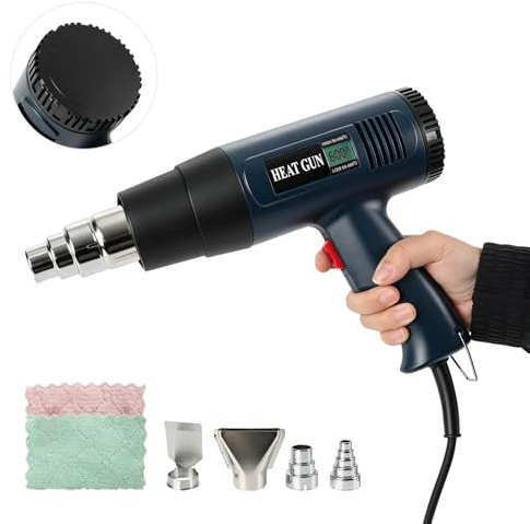 Varmluftspistol 2000 W, digital display, steglöst justerbar temperatur från 60–600 °C, 2 hastighetsinställningar 300/600 l/min med 4 munstycken för att ta bort färg och krympfolie