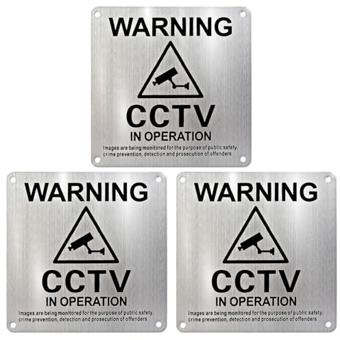 CCTV Sign 10x10cm Brushed Aluminium, Self Adhesive Camera Metal Signs, Outdoor Waterproof and UV Resistant, Durable CCTV Signs Pack of 3 for Operation