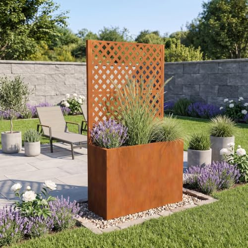 casa.pro Fioriera Alta con Spalliera Separé 146x83x31 cm Marrone Ossidato | Acciaio Corten Pannello Divisore Privacy Portapiante Rettangolare Grigliato Frangivista Giardino Terrazza Interno Esterno