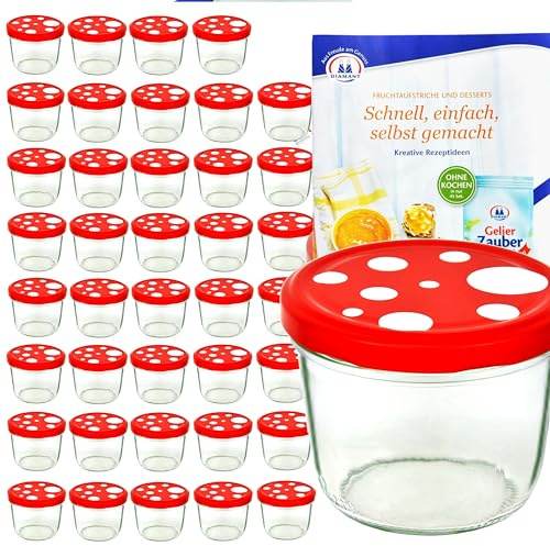 MamboCat 40er Set Sturzgläser 230 ml mit Fliegenpilz rot weiß Gepunkteter Deckel to 82 inkl. Diamant Gelierzauber Rezeptheft Marmeladengläser Einmachgläser Einweckgläser