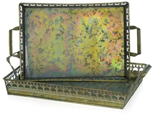Moritz Tablett Set rechteckig Grün-grau Metall 47 cm – Serviertablett Deko | Zwei Größen mit durchbrochenem Rand und Griffen in bronzefarbener Antik-Patina, für Tischdeko, Obst, Kerzen und Pflanzen