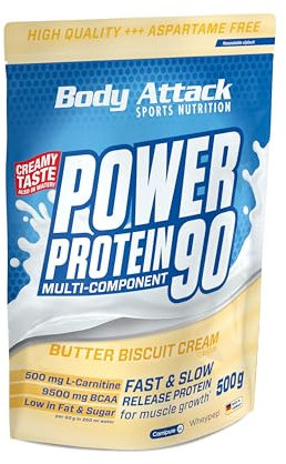 Body Attack Power Protein 90, Biscotto al burro, 1 kg, 5K proteine in polvere con proteine del siero di latte, L-carnitina e BCAA per la costruzione muscolare e il fitness.