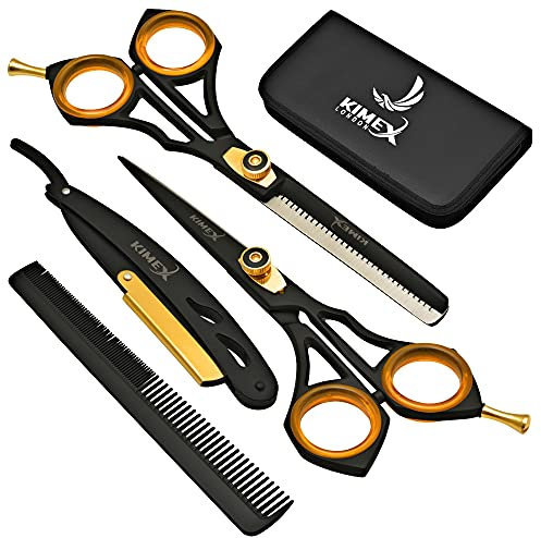 KIMEX LONDON® Hairdressing Barber Hair Scissor set for Professional Hairdressers Barbers Stainless Steel Hair Cutting Shears- Complete set of Scissor+ Thinning Scissor Razor+ Hair Combs+ Leather Cover
