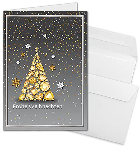10x Weihnachtskarten-Set DIN A6 in Grau mit Motiv Edelstein-Weihnachtsbaum - Faltkarten mit passenden Umschlägen DIN C6 in Hochweiß mit Haftklebung - Weihnachtsgrüße für Firmen und Privat