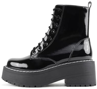 Soda FLING Women Chunky Lug Sole Lace up Fashion Combat Ankle Boot w/Side Zipper (Black Patent, 10)