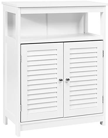 GIANTEX Badezimmerschrank Badschrank, Aufbewahrungsschrank Regal aus Holz, Badkommode mit höhenverstellbarem Einlegeboden, Sideboard mit 2 Jalousie Türen, Beistellschrank für Bad, Küche (weiß)