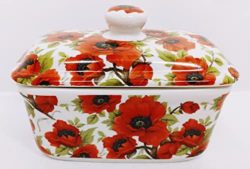 Beurrier en porcelaine fine avec couvercle décoré à la main au Royaume-Uni Motif coquelicots Rouge