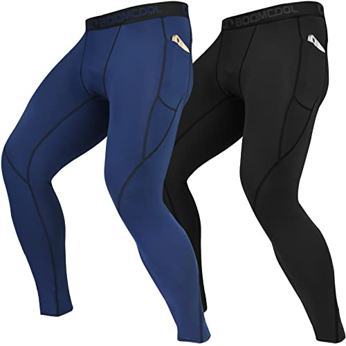 BOOMCOOL Kompressionsbyxor för män med fickor, löpartights för män leggings träning torr baslager gym atletiska yogabyxor, Svart och blå, S