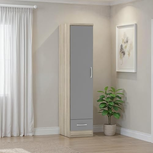 Seconique Nevada 1 Door 1 Drawer Wardrobe in Grey Gloss/Light Oak