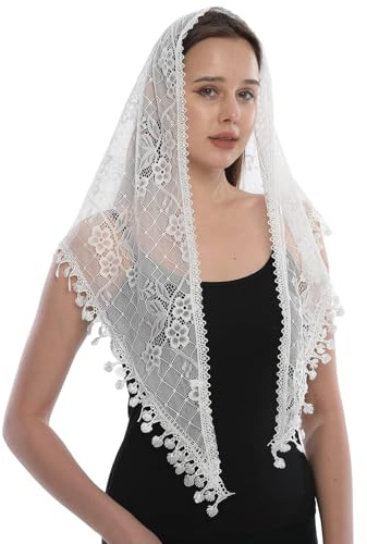 LMVERNA Solid Color Triangle Lace Shawl Mantilla Veil Lightweight Tassel Scarf Fashion Floral Shawls and Wraps for Women (White)