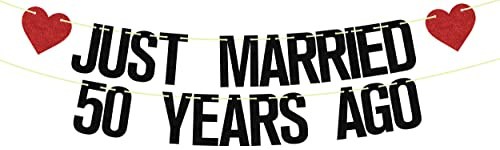 Just Married 50 Years Ago Banner, 50th Wedding Anniversary Party Banner Decorations, We Still Do 50th Banner, 50 Years Blessed & Loved Decorations Supplies Black Red Glitter…