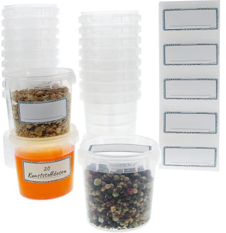 Marzoon 20 Stück Plastik Vorratsdosen mit Deckel 155ml, transparent, runde Dosen Ø 69mm, wiederverwendbar mit Aufkleber - Ideal für Lebensmittel - Plastikbecher - Feinkostbecher - Universaldose