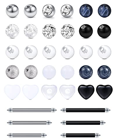 LAURITAMI 36pcs 14G Boules de Piercing de Rechange 5mm 1.6mm Acier Chirurgical Langue Piercing Mamelon Corps Bijoux 12/14/16mm