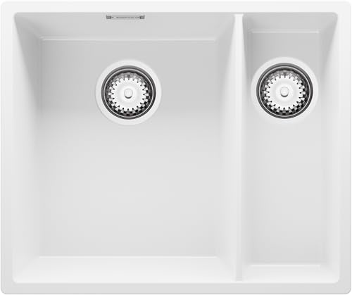 PRIMAGRAN Fregadero bajo Encimera al Mueble 60cm + Kit de desagüe, 56x47cm | Set: Kit de desagüe (sifón, válvula, rebosadero) + London Duo 1,5 Senos para Cocina, Blanco