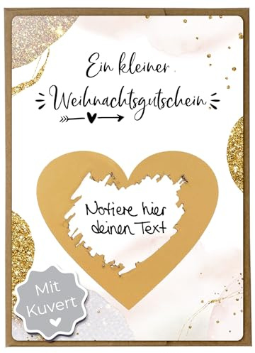 Joli Coon 5 Weihnachtsrubbellose, mit Kuvert | 350g Designerpapier, fühlbare UV-Lack-Veredelung, Natur-Steckkuvert mit Herz, für persönliche Weihnachtsgrüße