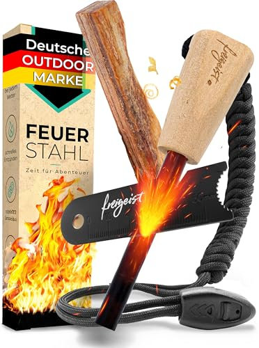 Acciarino 8mm | Pietra focaia con manico in legno artigianale | Firestarter | Accenditore esterno + Paracord + Fischietto emergenza + Borsa - dallo freigeist