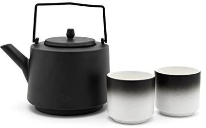 3-tlg. Asia Teekannen Set 1.2 Liter - schwarzer Teekessel aus Gusseisen mit Teefilter & 2 Porzellan Teebechern